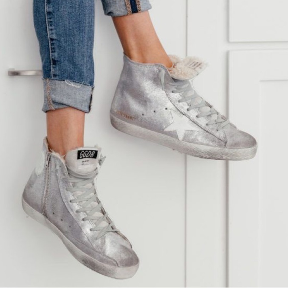 Golden Goose Francy Silver Glitter Suede & Shearling Sneaker sz 37